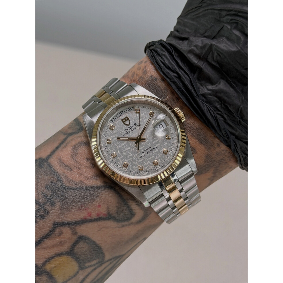  36mm • 1994 Tudor Prince Date Day Ref.76213 silver linen Diamond Dial 18k Gold Bezel Automatic Watch ONLY